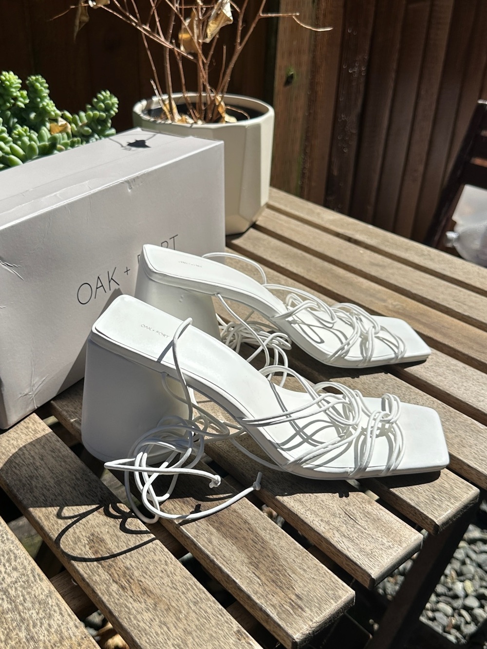 OAK + FORT White Strappy Square-Toe Block Heels